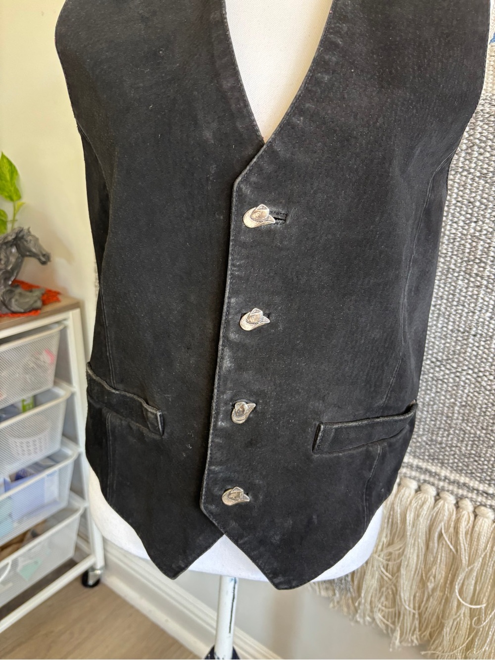 Vintage Black Suede Button-Front Vest - Picture 2 of 6